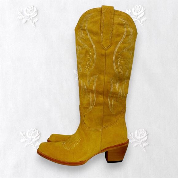 Shoes - NEW Mustard Yellow Faux Suede Flame Stitched Western Cowgirl Boots US 6